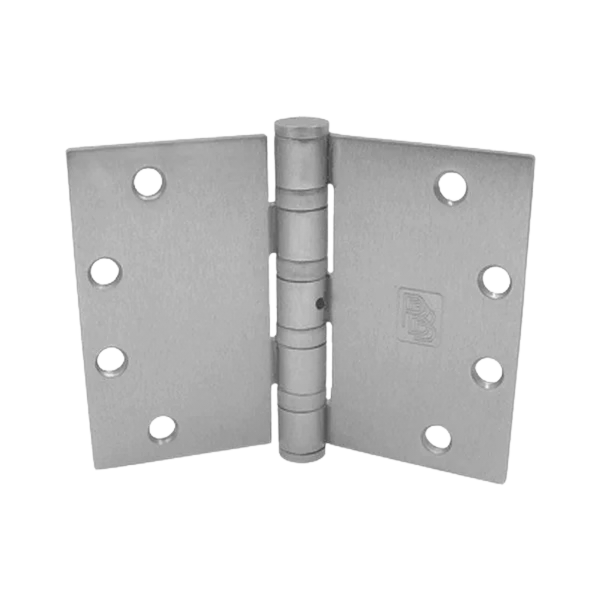 Close-up of a metal door hinge with nine evenly spaced screw holes, mounted on a white surface.