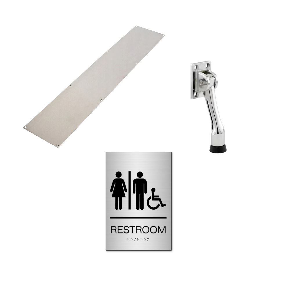 Photo of a solar-powered streetlight and a restroom sign indicating gender-neutral access, including ADA wheelchair symbol.