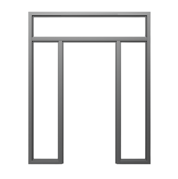 Gray elevator doors with a rectangular window at the top.