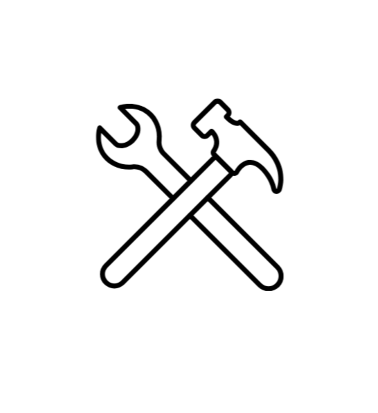 Black outline illustration of a wrench and hammer crossed over each other.
