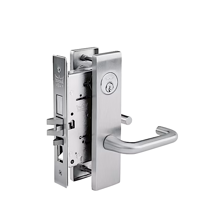 A close-up of a stainless steel door lock mechanism with a handle on a black background.