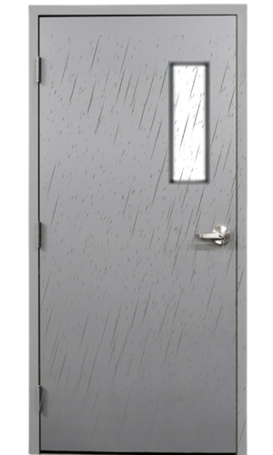 Gray metal door with a small rectangular window and a door handle, with visible water streaks.