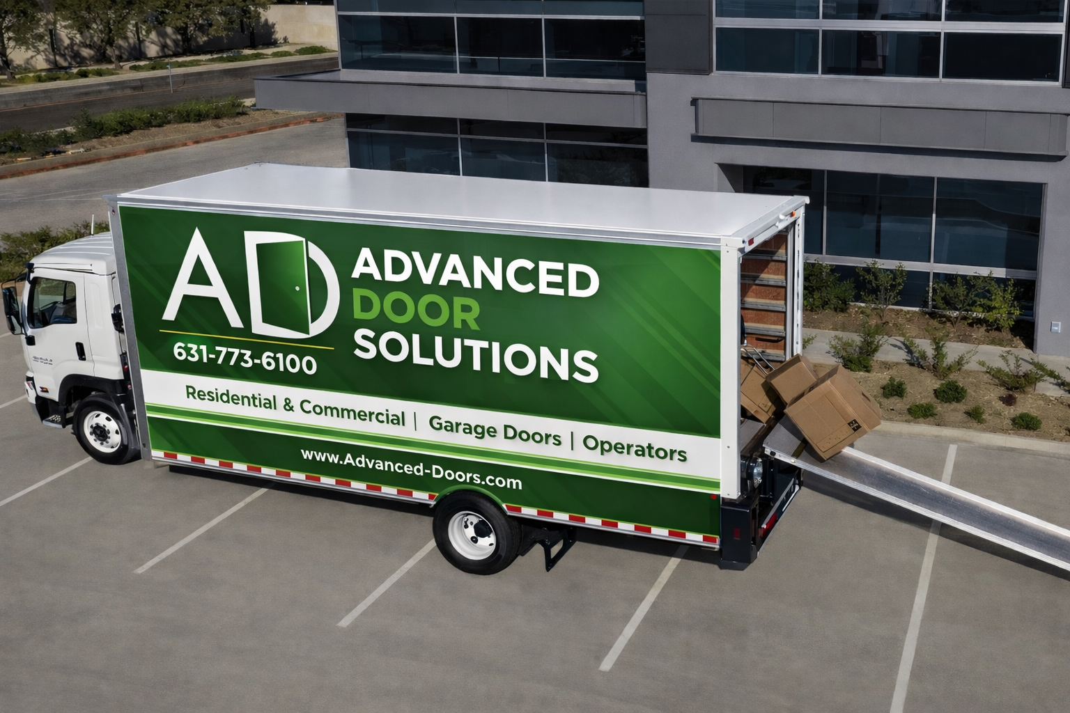 A large moving truck with green and white branding for Advanced Door Solutions, parked in an empty parking lot next to a modern office building. The truck advertises residential and commercial garage doors and their operators, with a phone number and website.
