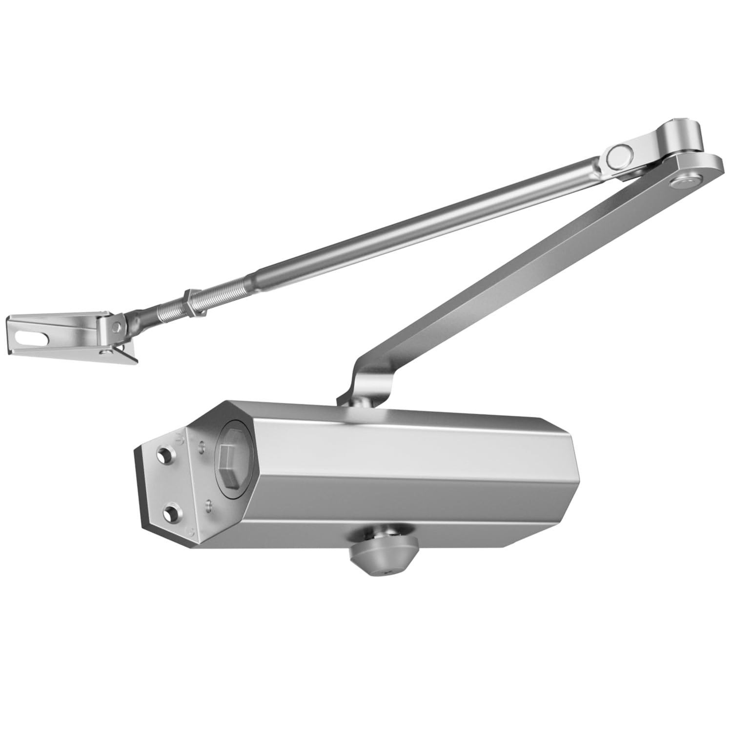 Silver automatic gate opener with arm extending from motor unit.
