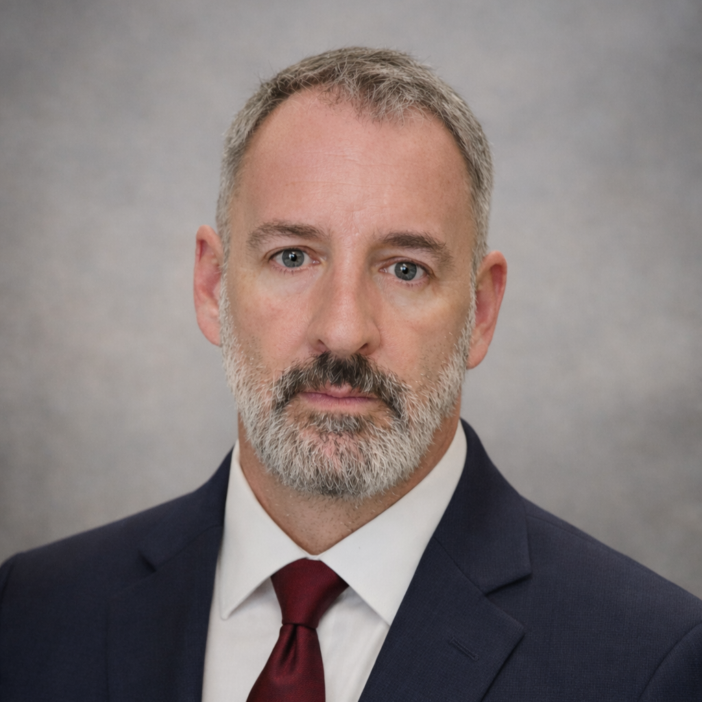 Headshot of a middle-aged man with gray hair and beard, wearing a navy suit, white shirt, and maroon tie against a gray background.