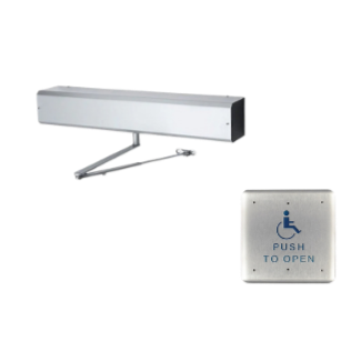 A motorized sliding door with an accessible push-to-open button for wheelchair users.
