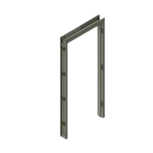 Illustration of a partially installed door frame with hardware and a door leaning against the wall.
