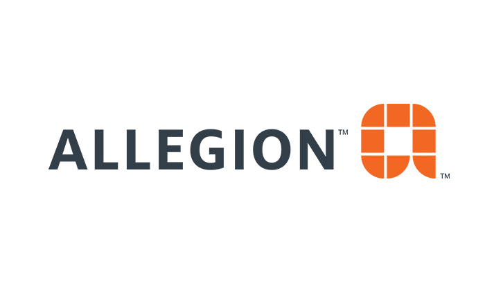 Allegion logo with black text and an orange symbol to the right.