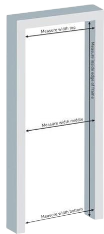 Diagram of a tall rectangular object with three measurement lines labeled 'Measure width top,' 'Measure width middle,' and 'Measure width bottom,' indicating where to measure across the top, middle, and bottom sections.