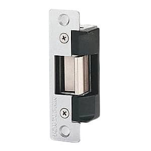 A metal and black plastic electrical strike plate, typically used in door lock mechanisms.