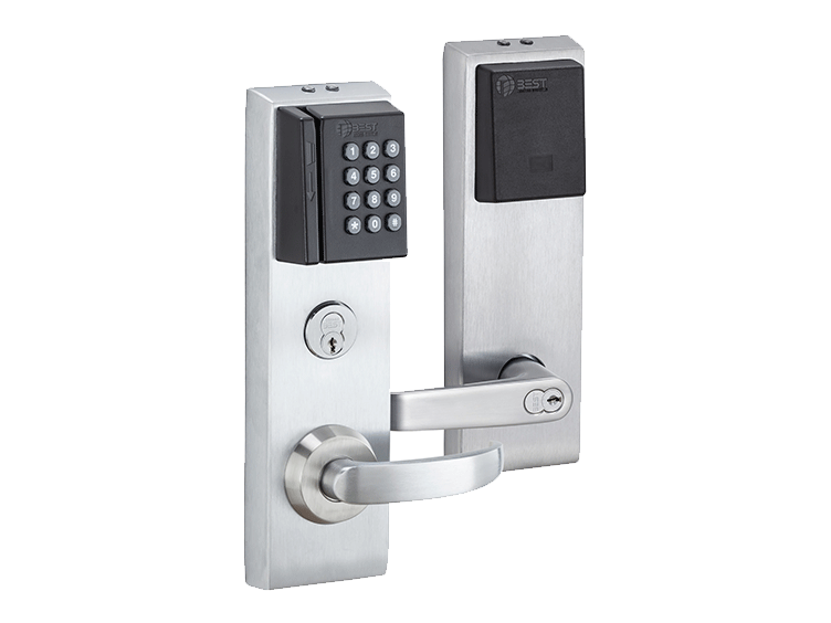 Electronic door lock with keypad and keycard reader on a silver door handle
