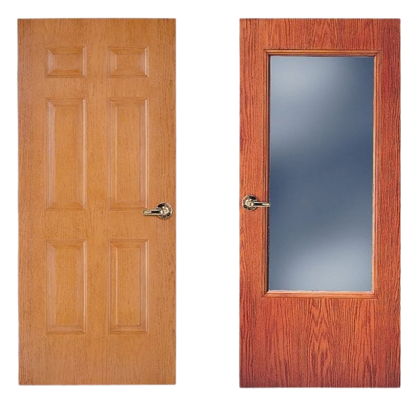 Comparison of two wooden doors, one plain with six panels and another with a glass window, each with a brass handle.