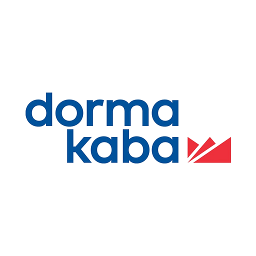 Dormakaba logo with stylized red emblem on black background.