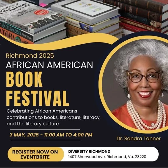 A poster from the Richmond 2025 African American Book Festival. In a circle is the face of Dr. Sandra Tanner. At the top are several stacks of books.