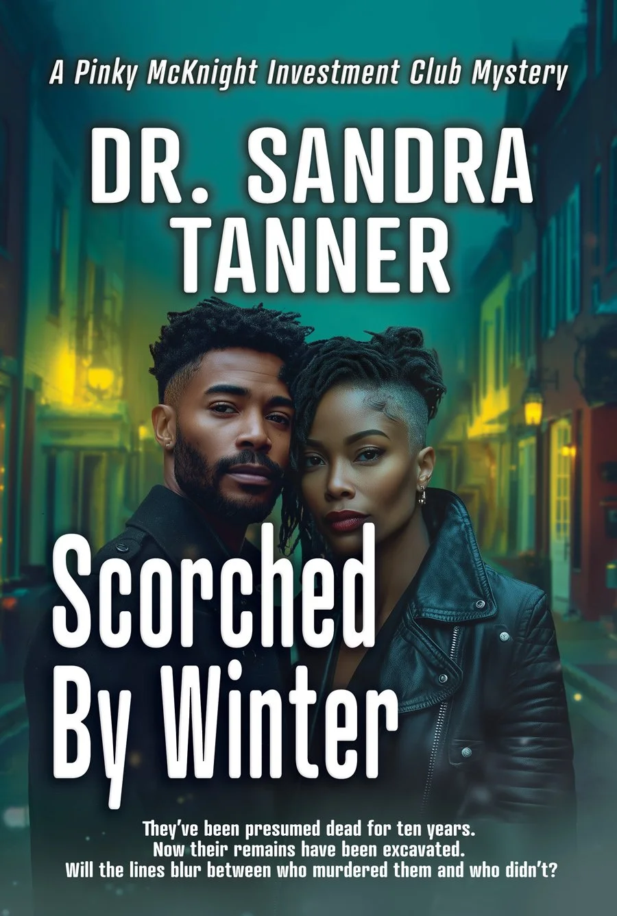 A book cover with the title Scorched by Winter. Colors are green with some bright yellow lights. A black couple stand in a city street, looking at the viewer. A Pinky McKnight Investment Club Mystery. By Dr. Sandra Tanner