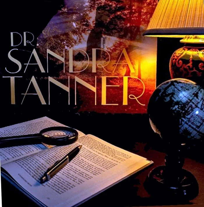 A collage at a writing desk. On the desk are an open book, a pen and a magnifying glass. Above are the words, Dr. Sandra Tanner. To the right are a desk globe and a lamp.