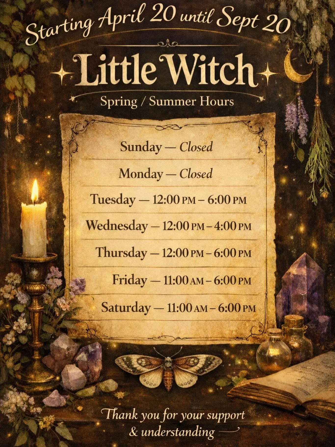 Hi Everyone just a little late update for the shop! Starting this week our hours shift to our spring/summer hours. We also have a small closure from April 30-May 5 for some rest and family time. Thank you everyone for your support! After last week I&