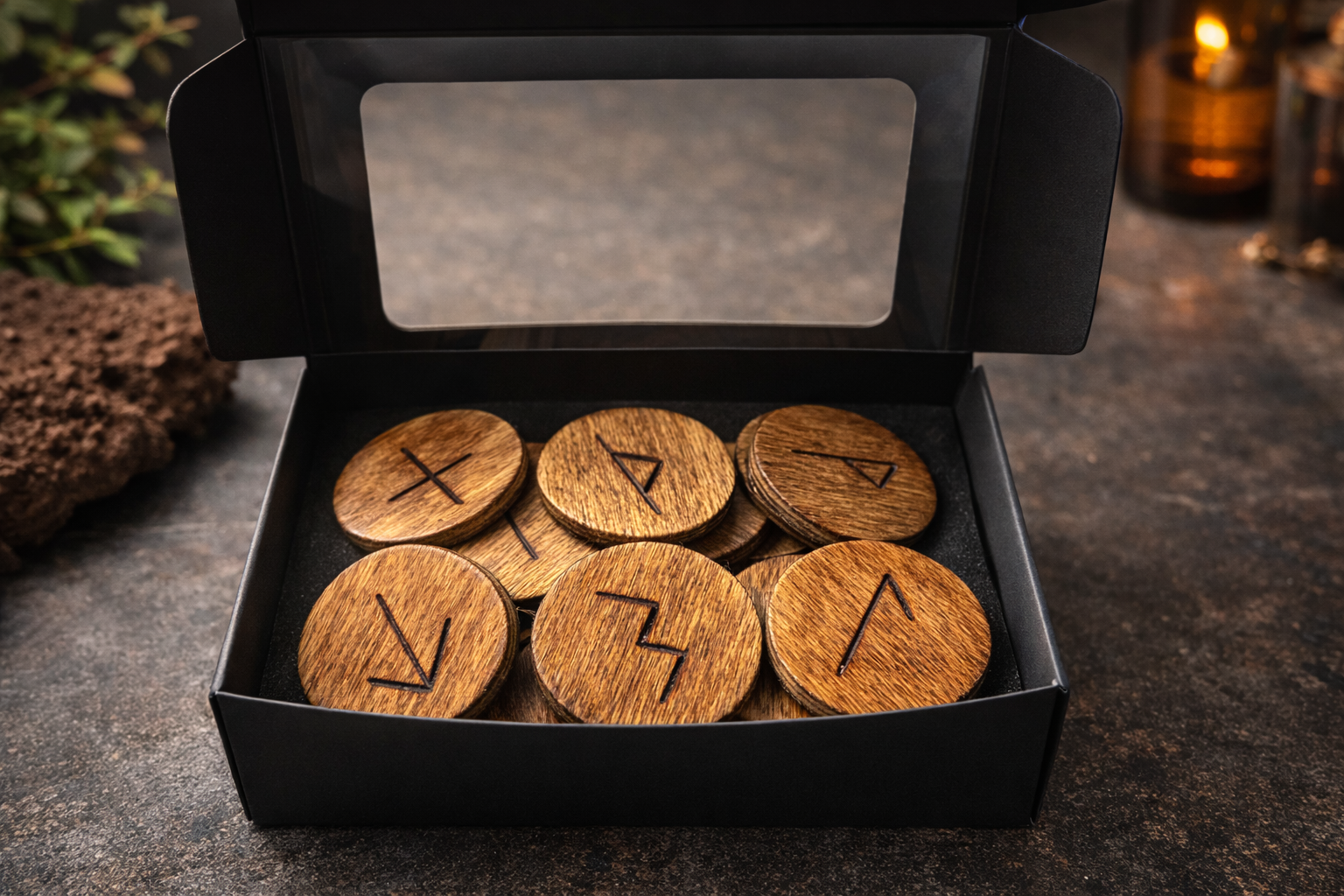 Wooden Wood Burnt Nordic Rune Set