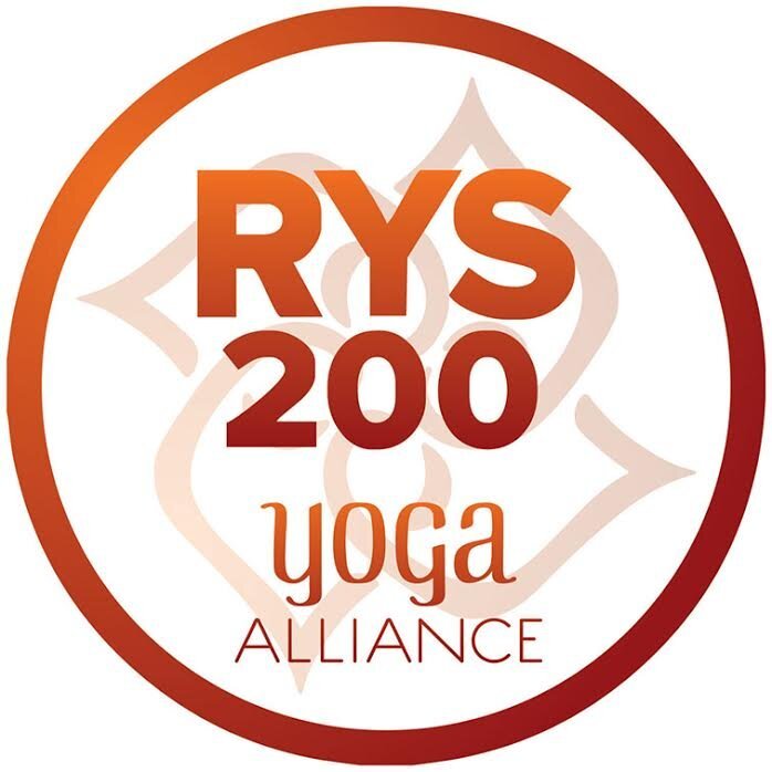 Logo for RYS 200 Yoga Alliance featuring a circular border, lotus flower design in the background, and text in shades of orange and red.