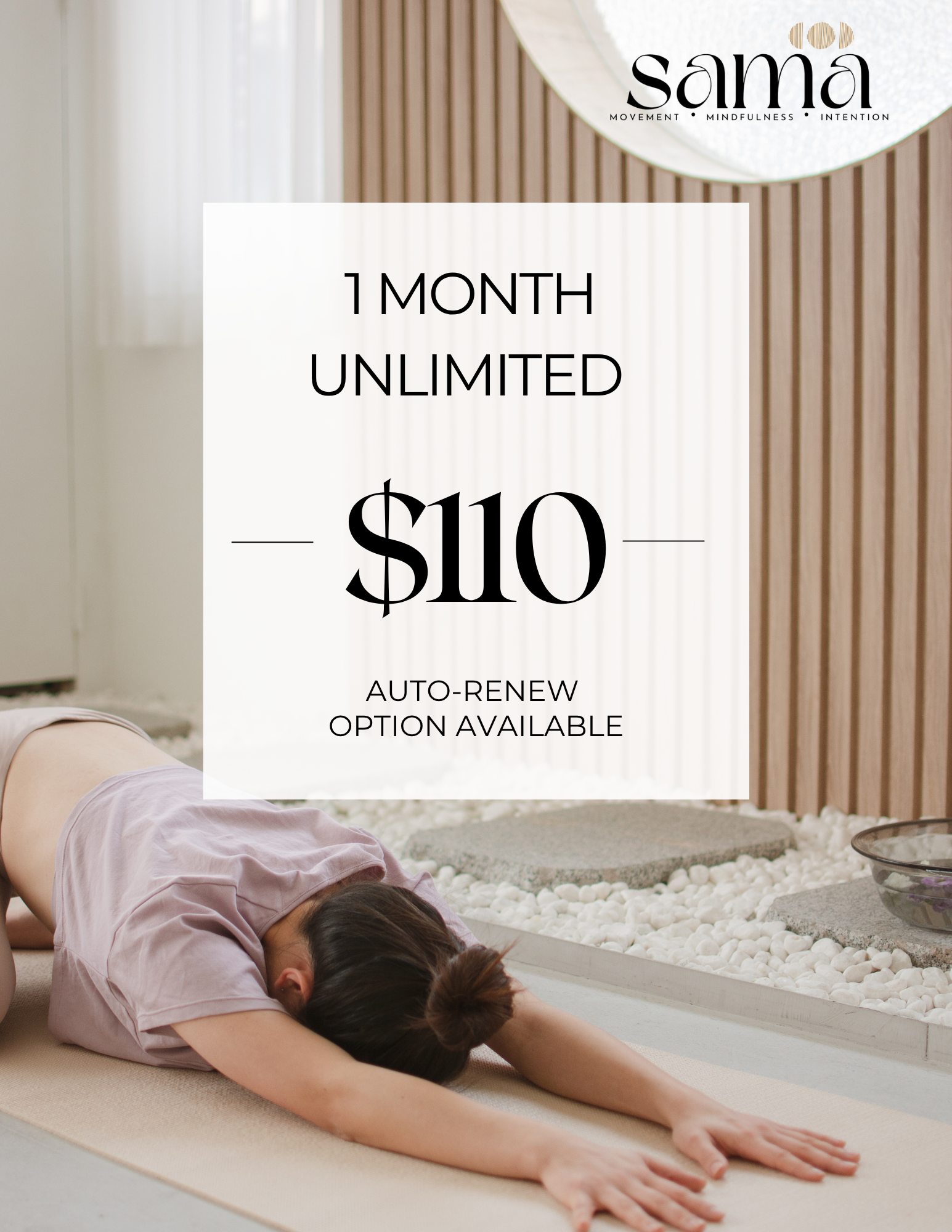 A woman doing yoga in a spa or wellness center, with promotional text overlaid for a subscription offer from Sama that reads: '1 month unlimited $110, auto-renew option available.'