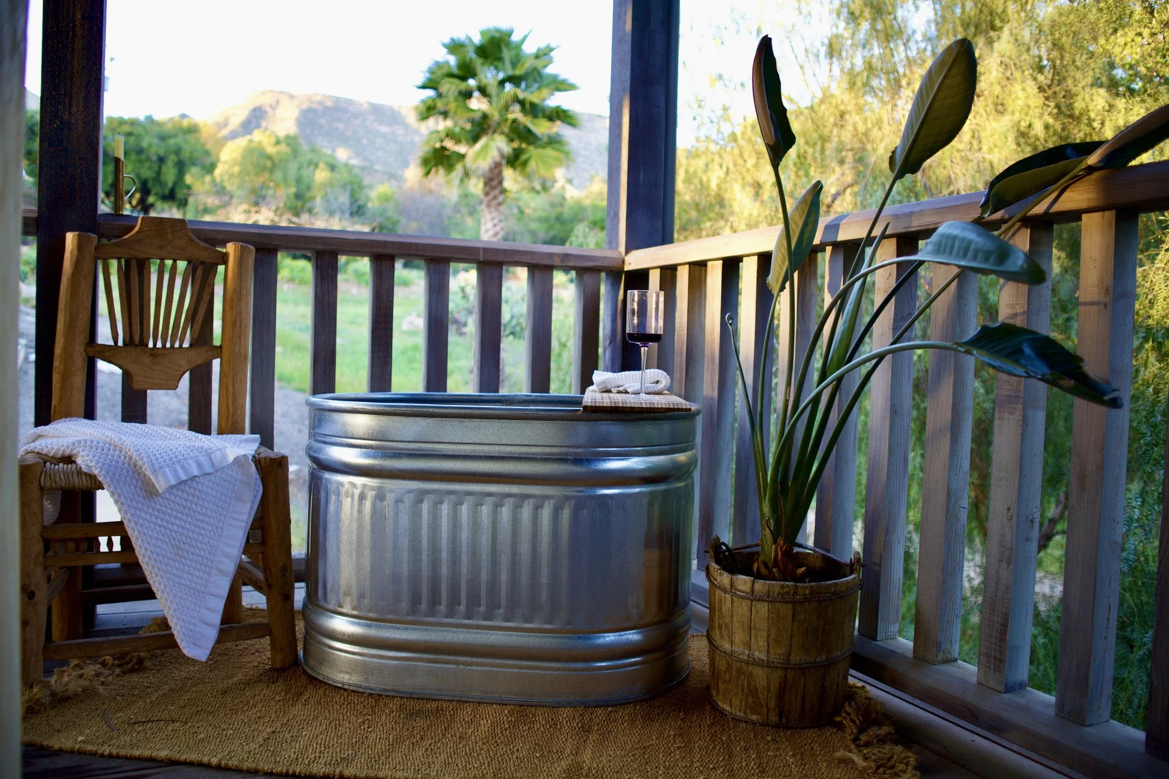 Outdoor balcony with wooden railing, a wooden chair with a white cloth, a metal tub with a glass of red wine and a towel, and a potted plant with large green leaves, overlooking a green landscape with trees and mountains in the distance.