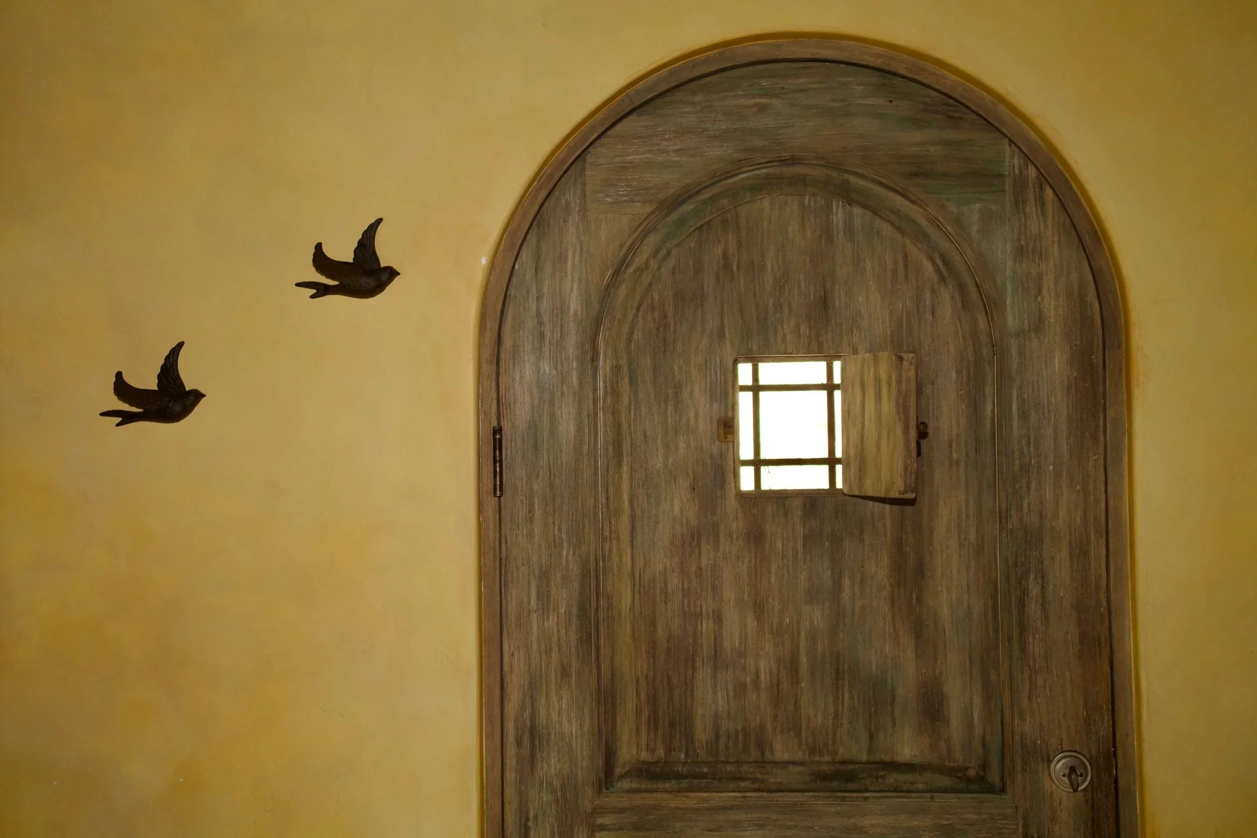 Brown wooden door with a small window and a wooden latch, set into a yellow wall. Three black bird-shaped wall decorations flying upward are on the left side of the wall.