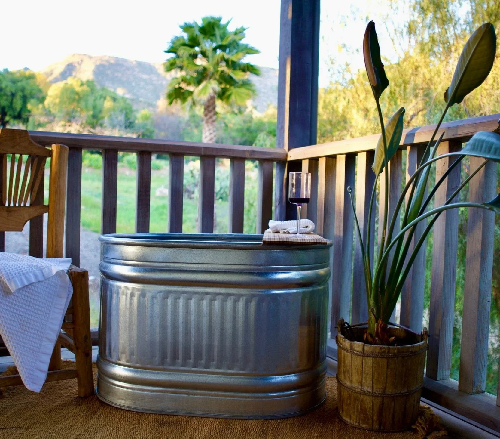 Outdoor balcony with a metal container, a glass of red wine on a small tray, a potted plant with large green leaves, a wooden chair, and landscape view of trees, mountains, and a palm tree.