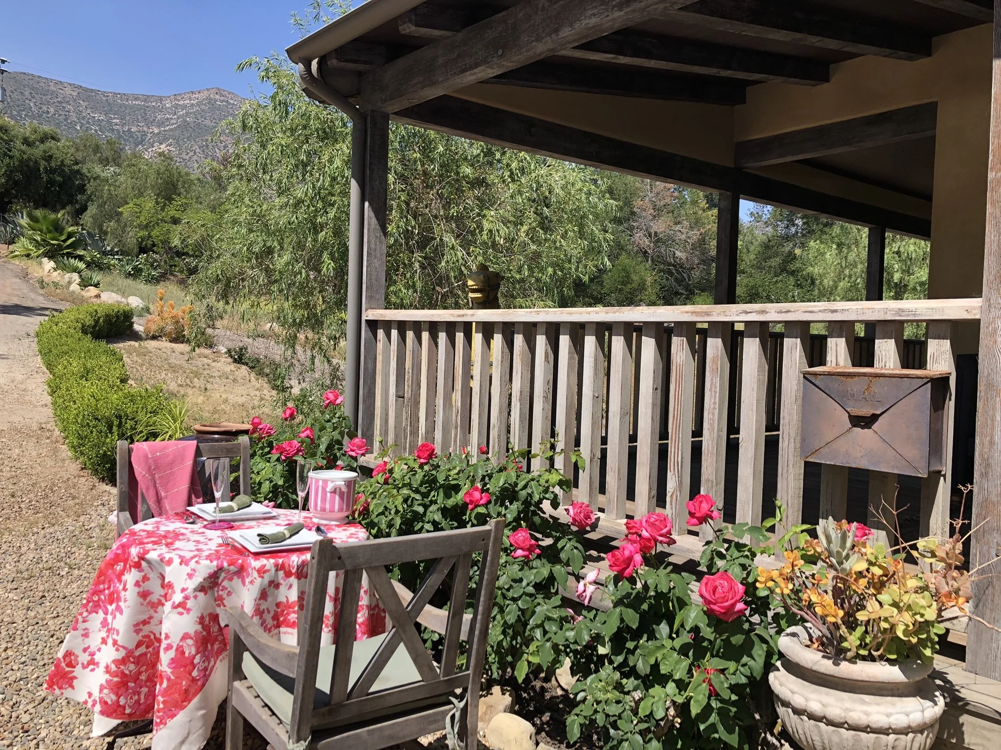 Outdoor patio table set with pink tablecloth, two chairs, pink towel, plates, glasses, and napkins, surrounded by pink roses and potted plants, on a gravel surface with a mountain and trees in the background.