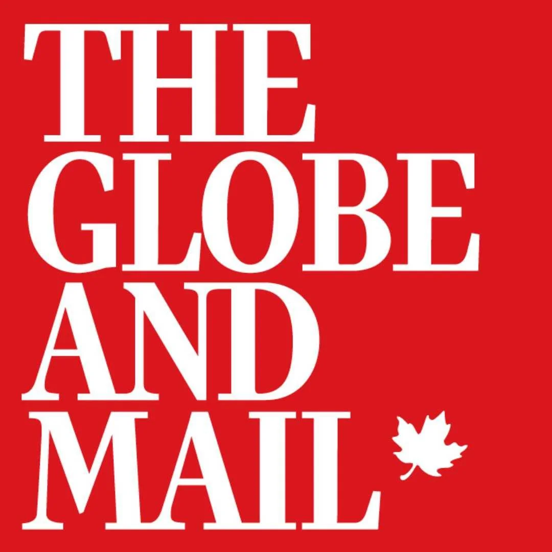 Red background with white text displaying "The Globe and Mail" along with a white maple leaf icon.