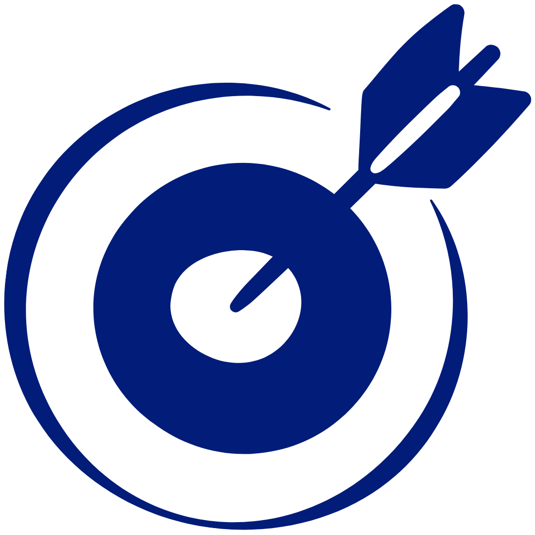 A blue icon of a dartboard with an arrow hitting the bullseye.