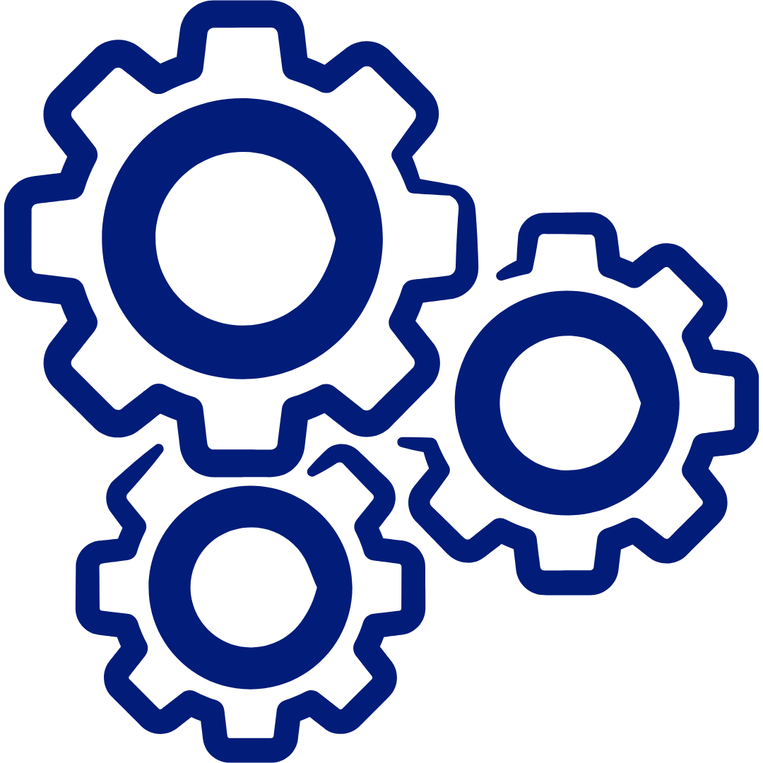 Three interconnected dark blue gears on a black background.