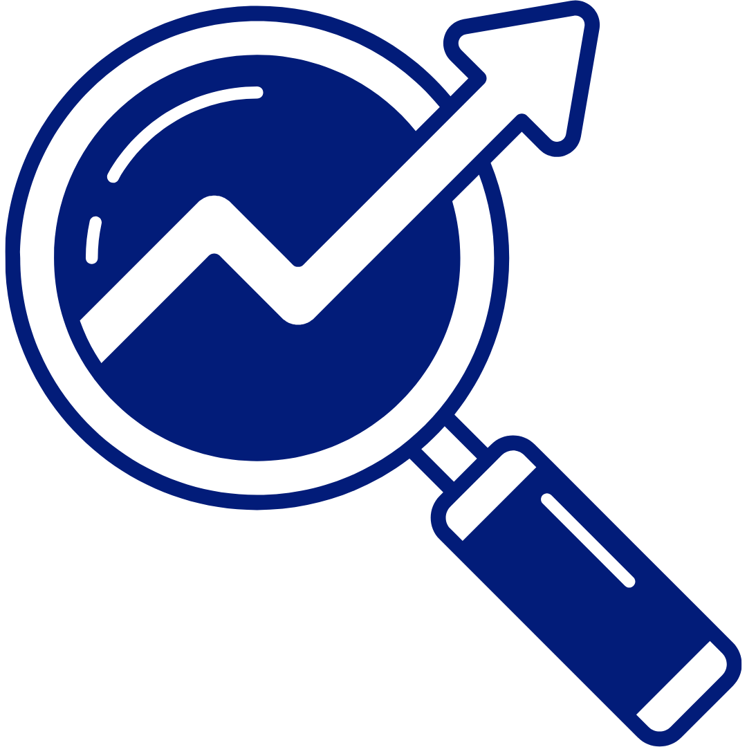Magnifying glass with an upward trending graph inside.