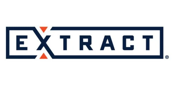 Extract logo with bold navy blue letters and red triangle accents.