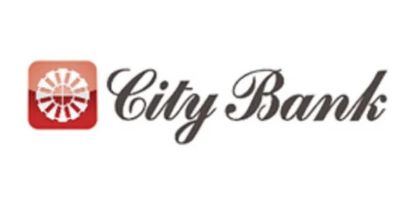 City Bank logo featuring a stylized red and white icon and black cursive text.