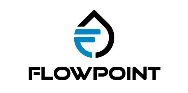 Flowpoint logo with a stylized water drop and a blue wave inside, and the word 'FLOWPOINT' below in bold black letters.