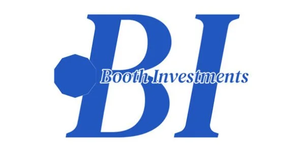 Logo with large blue letters DI, featuring a small blue hexagon shape, and the words Booth Investments written diagonally across the letter I.