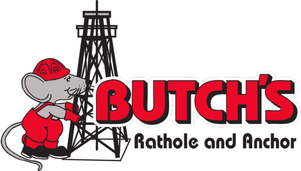 Logo for Butch's Rathole and Anchor featuring a cartoon mouse in red work clothes, holding a wrench, with a black oil rig in the background.