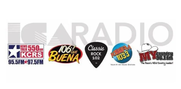 Logos of various radio stations, including KCRS News Talk 550 AM, 95.5 FM and 97.5 FM, 107 Que Buena, Classic Rock 102, KISS FM 103.3, and MY country 96.1.