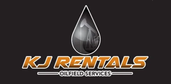 Logo of KJ Rentals Oilfield Services with an oil drop and pumpjack silhouette inside.
