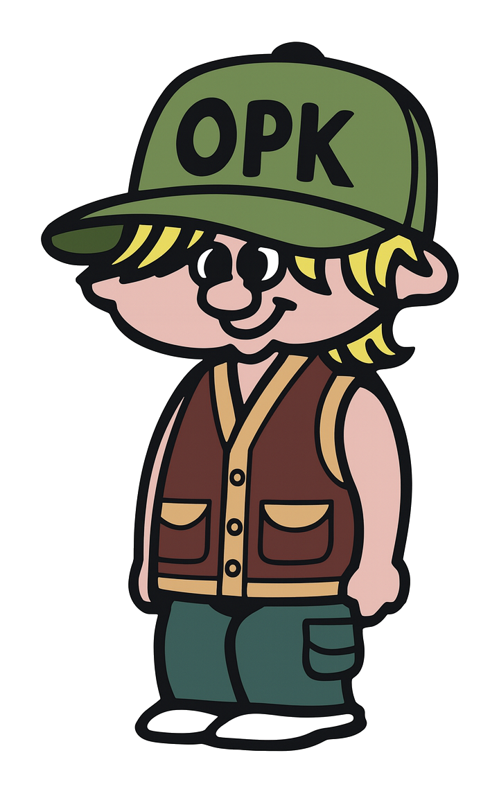 Cartoon of a young boy with glasses wearing a green baseball cap labeled 'OPK', a brown vest over a tan shirt, green pants, and gray shoes.