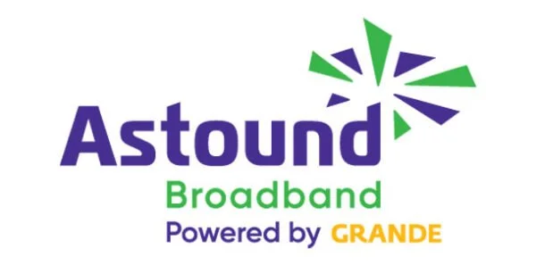 Logo for Astound Broadband powered by GRANDE, featuring the company name and a colorful starburst design.