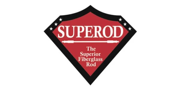 Superod logo with a red shield design and a fiberglass rod, featuring stars and text.