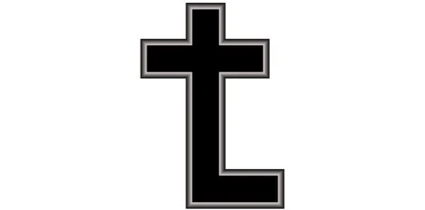 A black Christian cross with a gray outline on a white background.