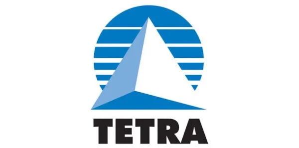 Tetra logo with a triangular shape and a circle with lines behind it.