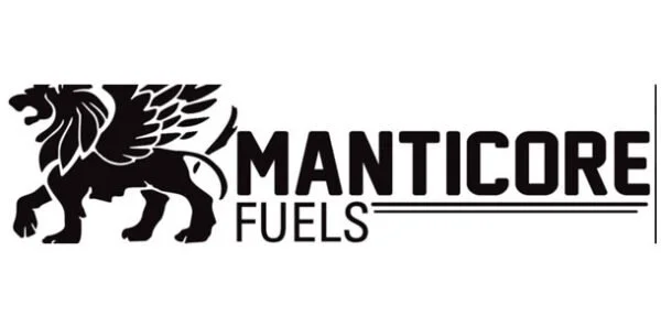 Logo of Manticore Fuels featuring a stylized black lion with a mane and wings, with the brand name in bold black letters.