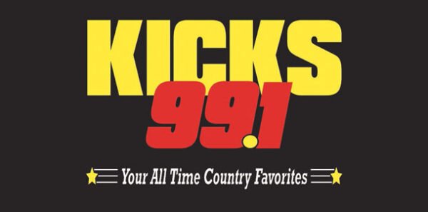 Logo for KICKS 99.1 radio station with the tagline 'Your All Time Country Favorites'.