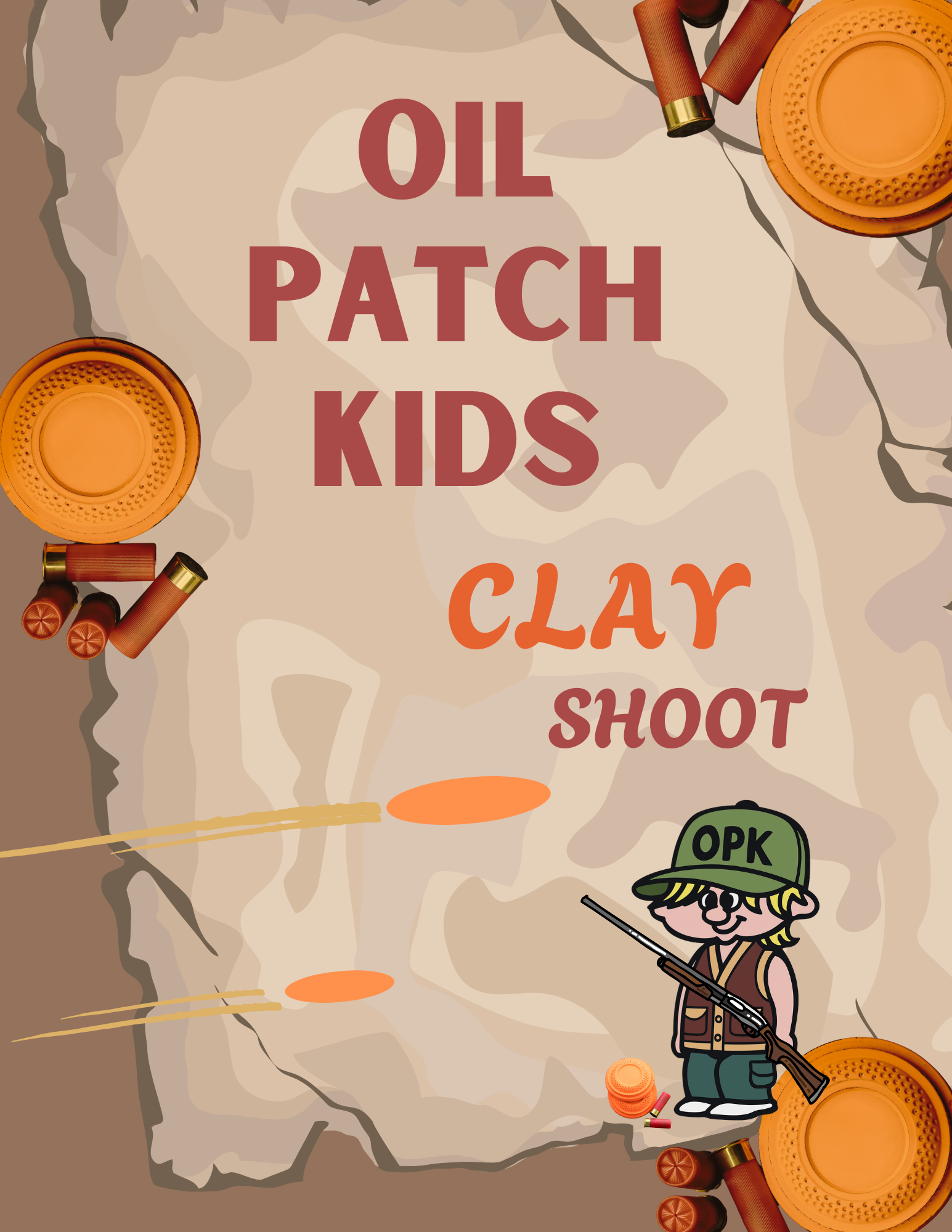 Children's activity poster with a camouflage background, featuring clay and shotgun illustrations, and a cartoon character wearing a hat labeled "OPK," holding a rifle, for kids' clay shooting events.