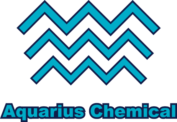 A logo with five rows of zigzag lines in shades of blue on a black background, with the words 'Aquarius Chemical' in blue text underneath.