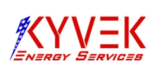 Logo for KYVEK Energy Services, featuring a lightning bolt with American flag pattern and red text.