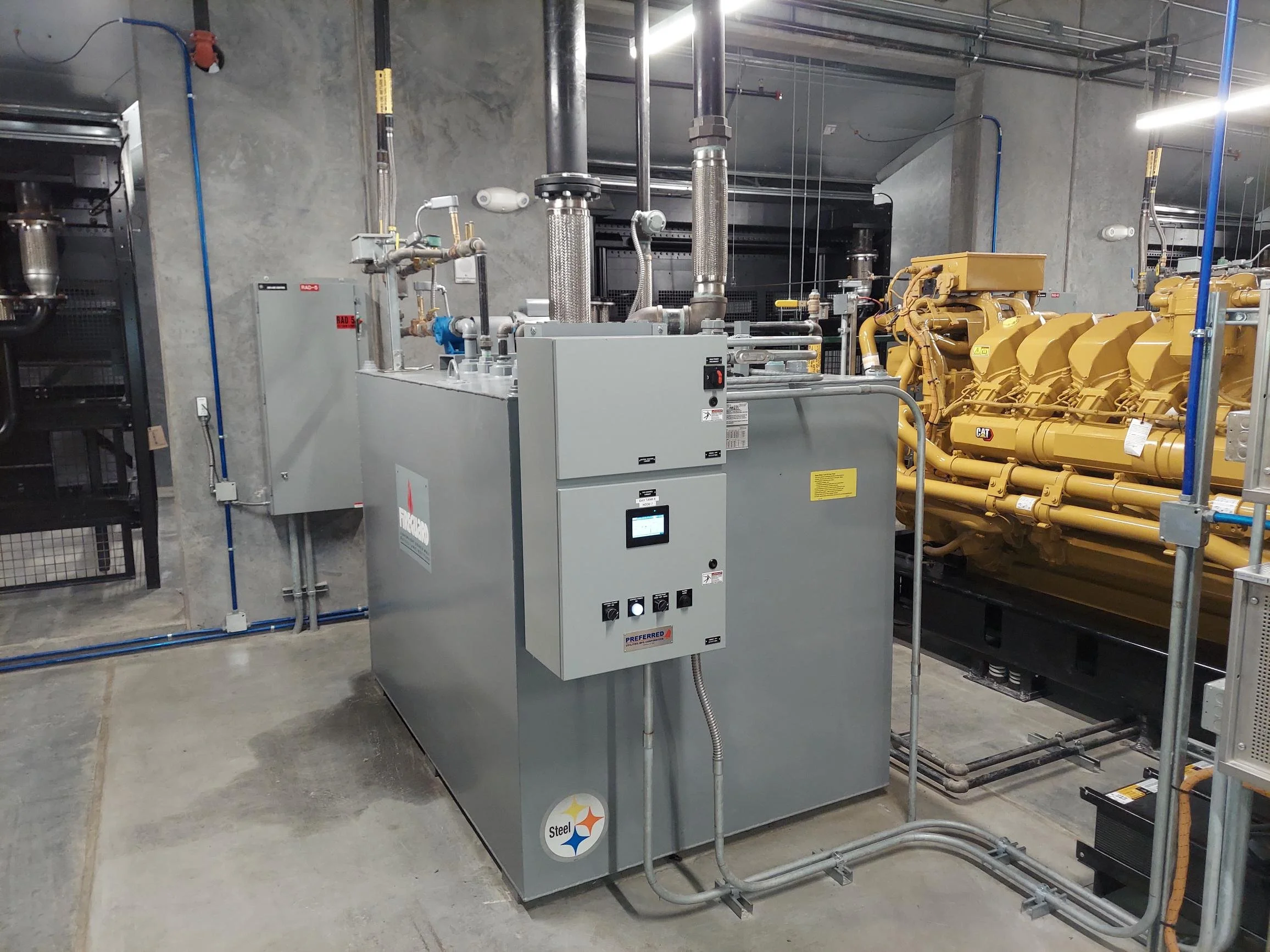A 620 gallon UL 2085 Preferred day tank at the University of Arkansas in Little Rock. This day tank came prepackaged with a fill manifold, return pump and Preferred Nodenet controller with everything pictured pre-wired at the factory. This day tank i
